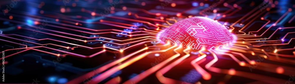 Poster futuristic digital fingerprint on a glowing circuit board with colorful lights representing cybersec