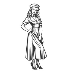 pin-up styled nun in flirtatious pose, playful retro fashion sketch engraving generative ai fictional character vector illustration. Scratch board imitation. Black and white image.