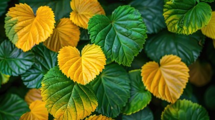 Obraz premium Fresh yellow and green Polyscias scutellaria leaves in the morning with heart shaped plum aralia leaves as a background
