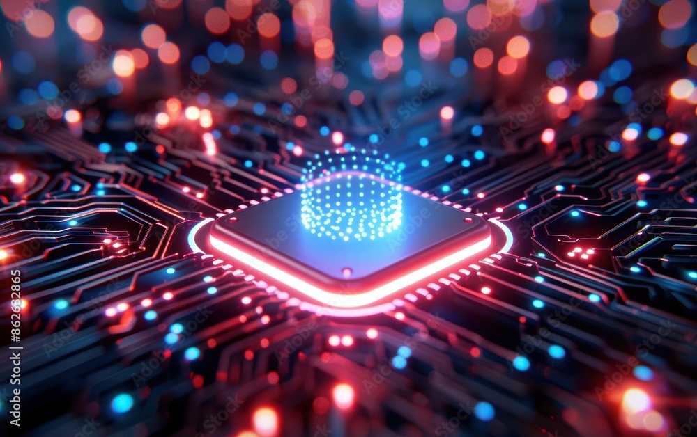 Poster futuristic microchip glowing with vibrant neon lights, representing advanced technology and artifici