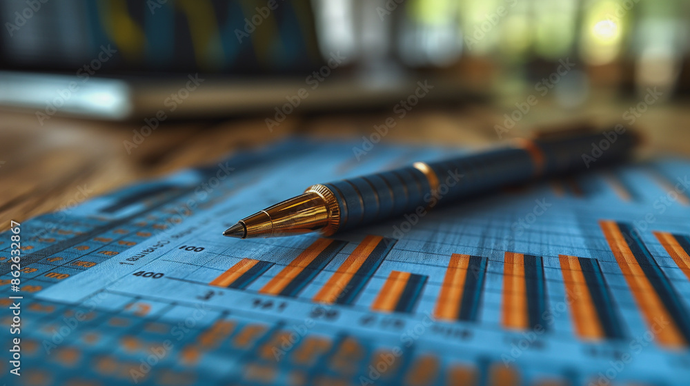Poster a pen is sitting on a piece of paper with a lot of numbers and graphs. the pen is blue and gold, and
