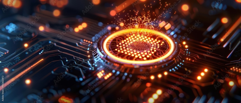 Poster futuristic microchip with glowing circuitry and sparks, symbolizing advanced technology, innovation,