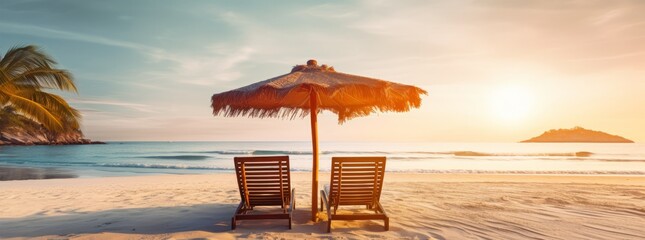 Sunset beach with lounge chairs and thatched umbrella