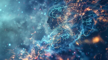 Silhouette of a person against a vibrant cosmic background. Swirling nebulas in pink and purple hues. Glowing blue constellations and star patterns overlay the scene. 