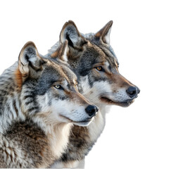 Two wolves standing next to each other with their heads tilted to the side