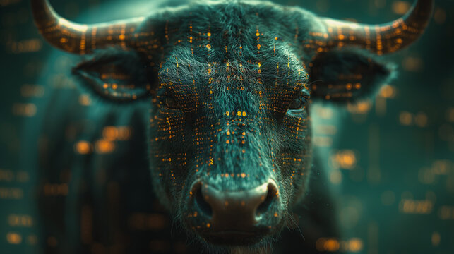 The green bull image is enhanced with overlaying financial data, illustrating market trends and performance.