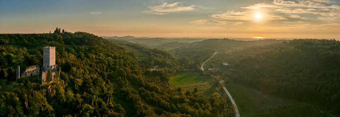 Aerial view of Medieval fortress, forest, road, valley, and sunset in Momjan, Istria, Croatia.