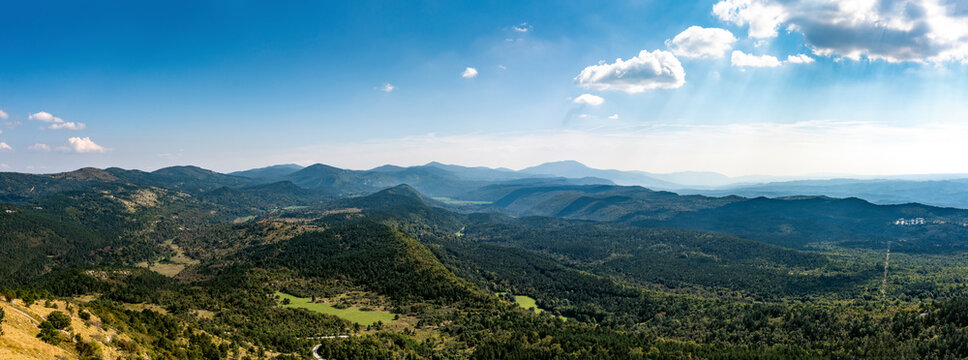 Aerial view of expansive valley and picturesque mountains in Boljunsko polje, Istria, Croatia.
