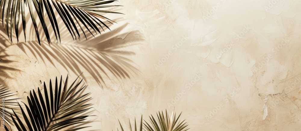 Poster a serene beach-themed mockup featuring palm leaves on a soft beige backdrop, designed in monochrome 