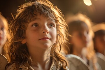 Many children standing in a line with their hands together