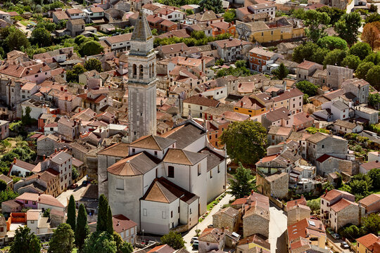 Aerial view of Church and belltower of St.Blaise, Vodnjan, Istria, Croatia.