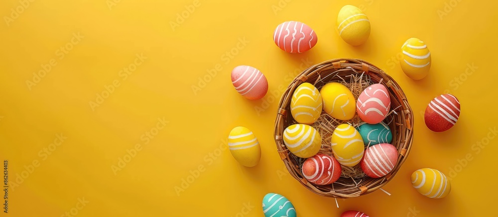 Aufkleber Top view flat lay composition of Easter eggs in a basket on a yellow background, perfect for an Easter card with copy space image.