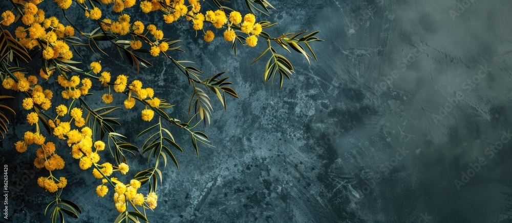 Leinwandbilder sparse mimosa branch with yellow spring flowers; empty copy space image.
