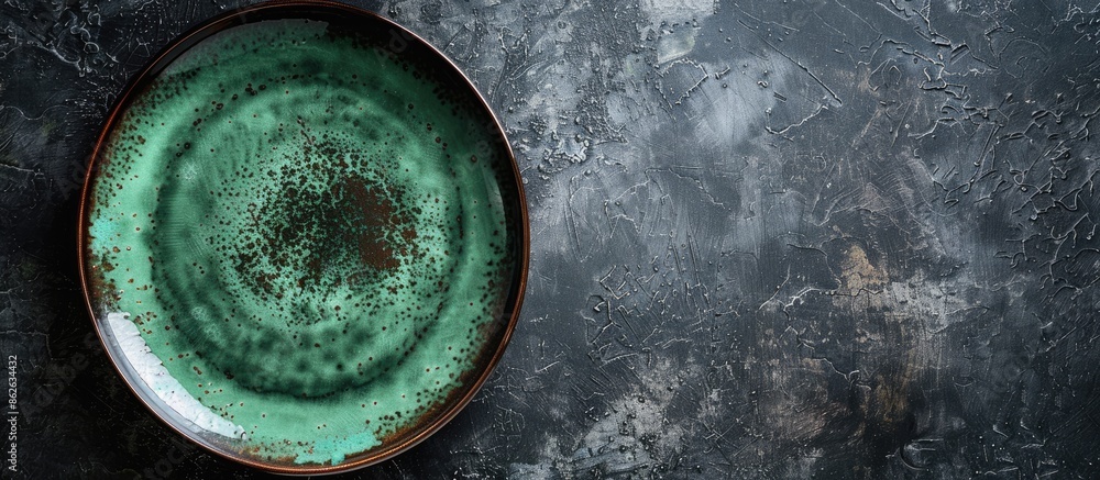 Wall mural rustic green plate on a dark table with a rough surface in a top-view setting, featuring a copy spac