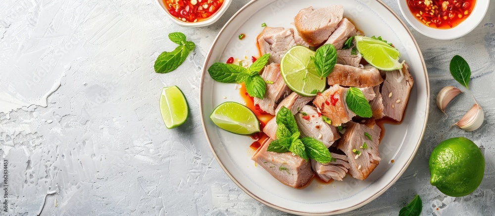 Poster top view of boiled pork served on a white plate with a zesty lime, garlic, and chili sauce, with an 