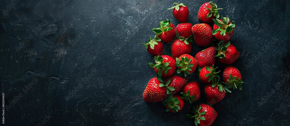 Poster Red strawberries displayed on a dark textured background, creating a visually appetizing image with a black backdrop providing ample copy space for the fruit.
