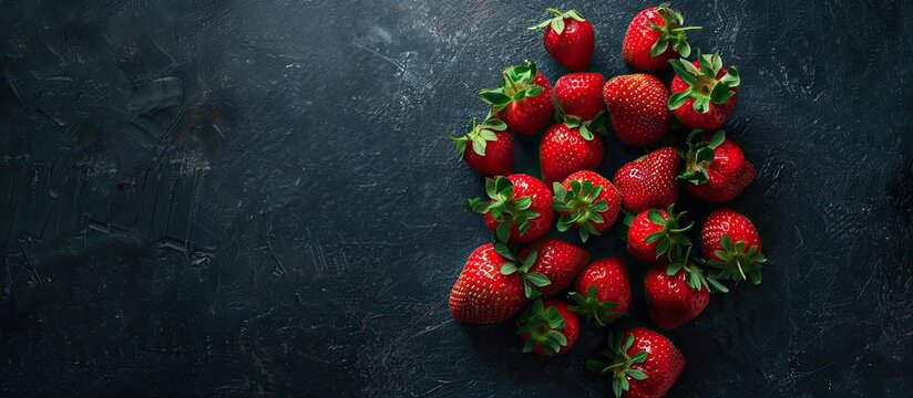 Red strawberries displayed on a dark textured background, creating a visually appetizing image with a black backdrop providing ample copy space for the fruit.