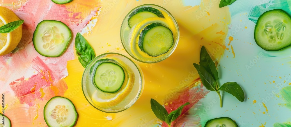 Poster Cucumber lemonade in glasses on a colorful background with copy space image.