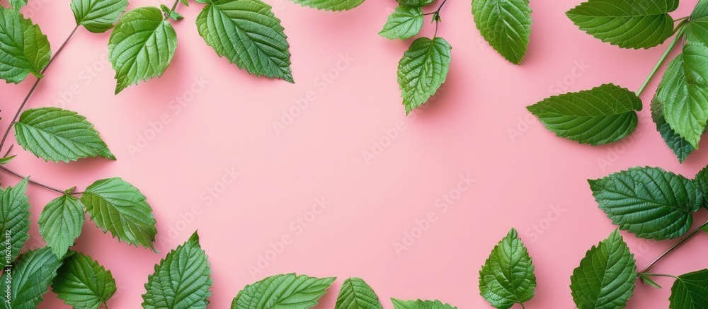 Poster top view of green leaves on a pink paper background with available space for your text or design, cr