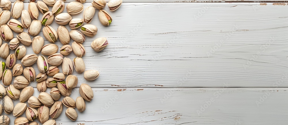 Poster top view of pistachios on a white wooden surface with ample copy space image.