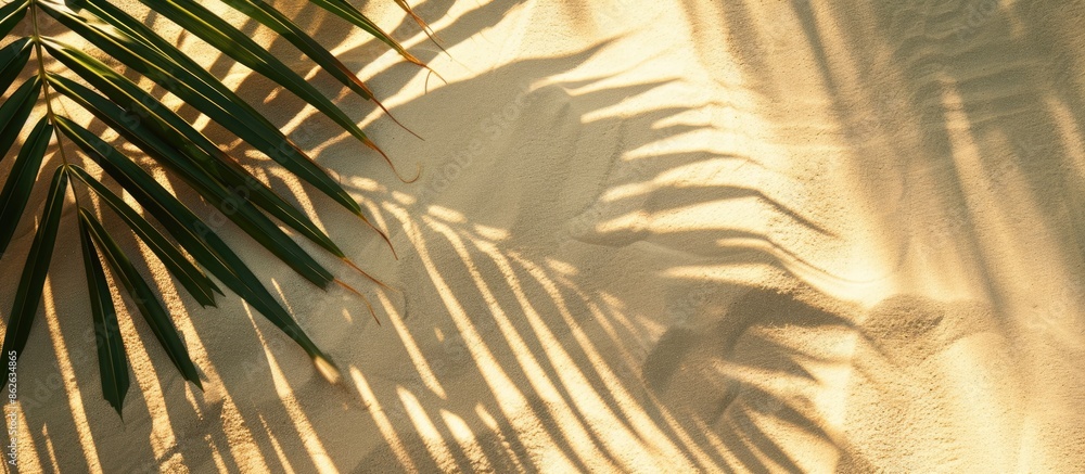 Poster top view of a palm leaf shadow on sandy surface, with empty space for text or image embedded in the 