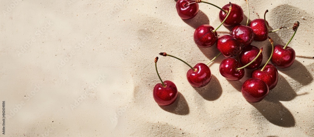Aufkleber cherries on a sandy beach background with a copy space image for a minimalist and creative summer fr