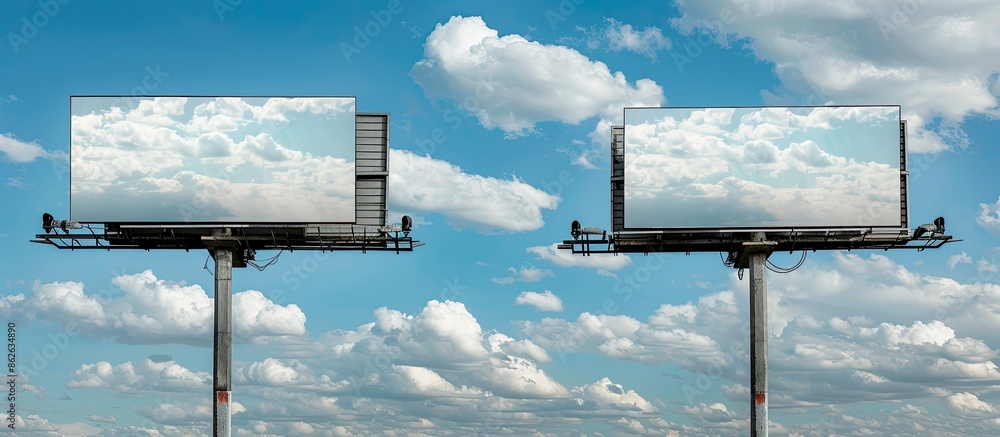 Poster two empty billboards set against a blue sky with white clouds, ideal for mockups and templates empha