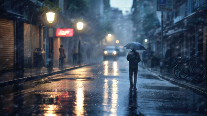 depressed and lonely social concept. sad people walking alone on street in night rain, heart broken, pain, deprived. despair, frustration.