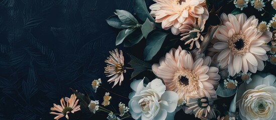 Funeral invitation card with blooming flowers set against a dark background, creating a somber yet elegant copy space image.