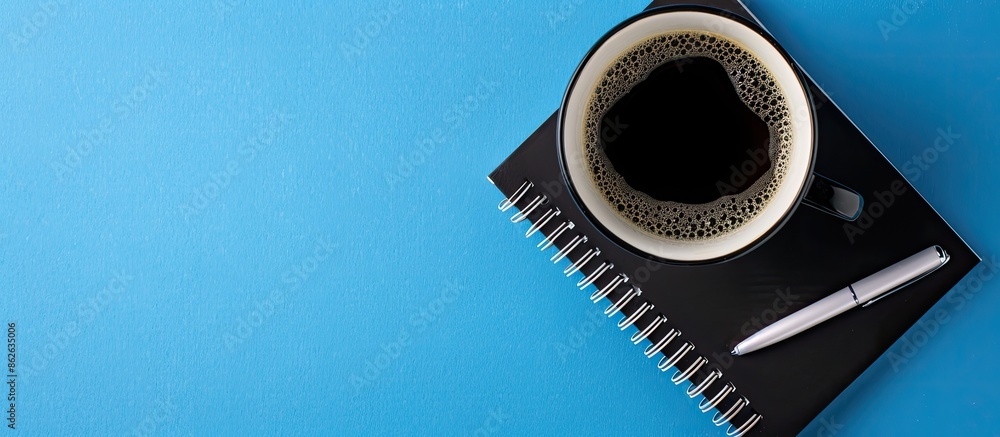 Poster Bird's-eye view of a black coffee cup with a notebook and pen on a blue backdrop, emphasizing a business theme with space for texts or images. Copy space image. Place for adding text and design