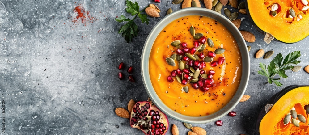 Poster flat lay with a spicy pumpkin soup topped with pumpkin seeds and pomegranate, perfect for copy space