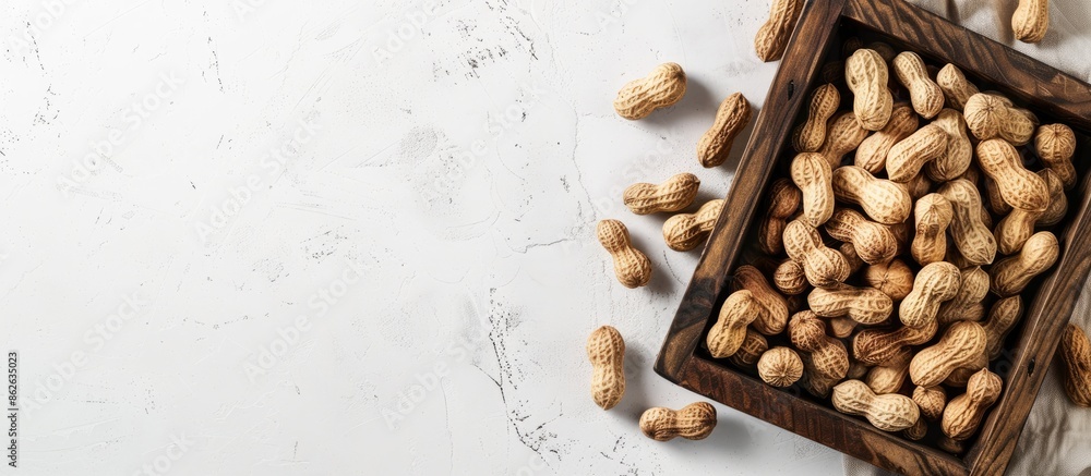 Fototapete a wooden tray filled with peanuts in shells on a white background, with blank space on the right for