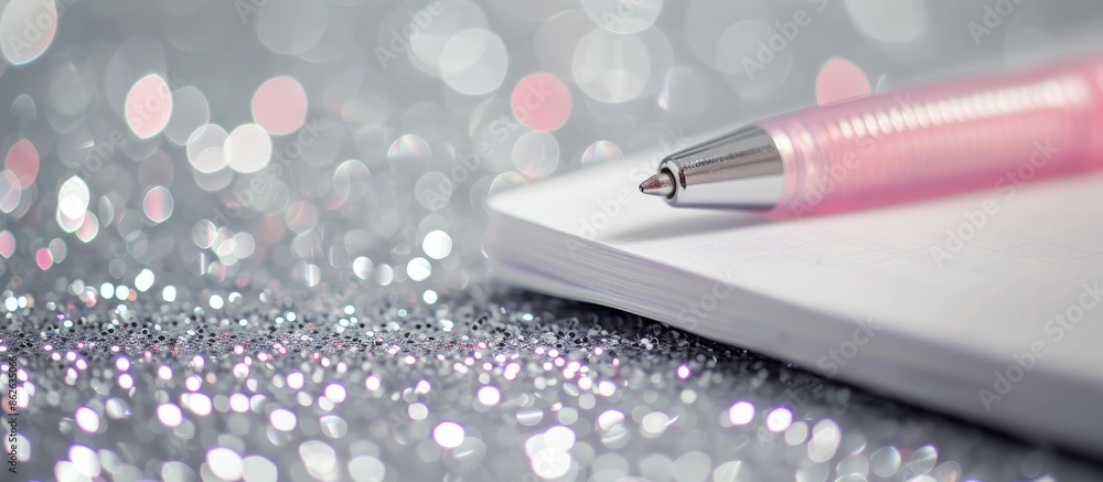 Poster silver glitter background with white notebook and pink pen providing copy space image.