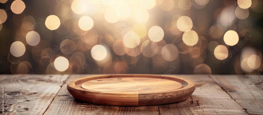 Fototapete perfect for showcasing products: oak table or plate on wooden board with blurry bokeh background, al