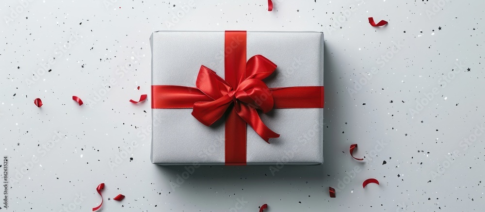 Leinwandbilder A silver gift box with a red ribbon bow is showcased on a white background. It features a modern metallic design with a window, perfect for brand customization. The image provides copy space for