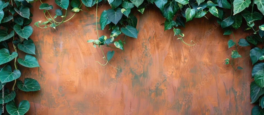 Aufkleber A brown wall serves as a backdrop for lush green leaves with ample copy space in the image.