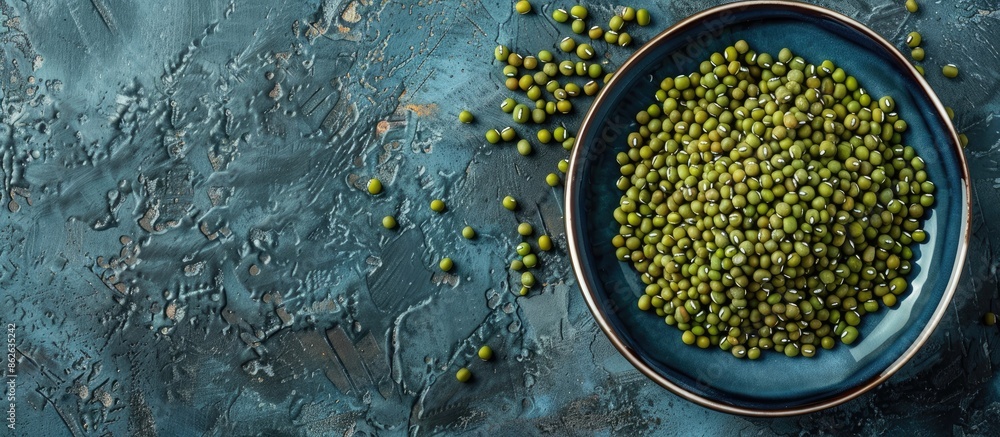 Poster Mung beans in a plate with legumes in a bowl in the background, displayed from a top view with room for text or graphics alongside the image. Copy space image. Place for adding text and design