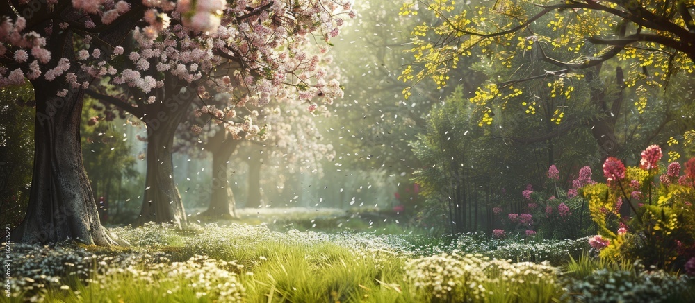 Poster forest setting with flowering trees creating a serene backdrop in a copy space image.