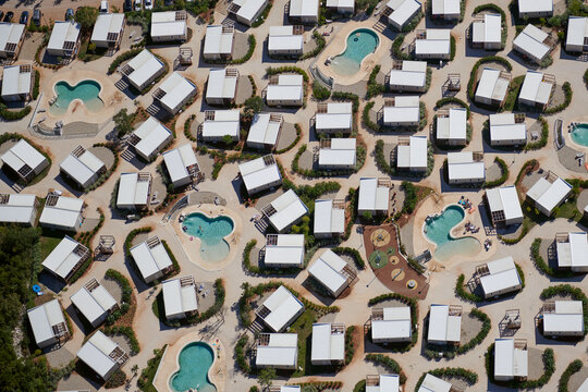 Aerial view of luxury Mobil Homes and pool in organized community, Rovinj, Istria, Croatia.