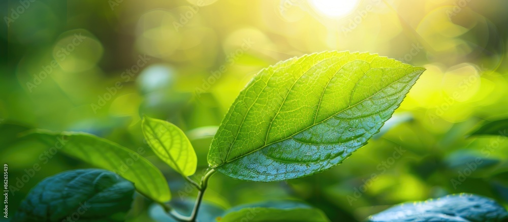 Poster captivating nature backdrop with a vivid green leaf set against a soft focus green garden background