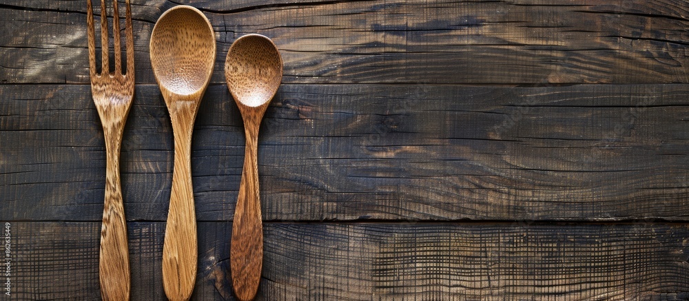 Aufkleber wooden spoon and fork on a table with copy space image.