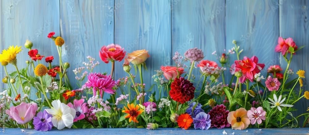 Poster flowers from the garden displayed on a blue wooden table with a background perfect for a copy space 