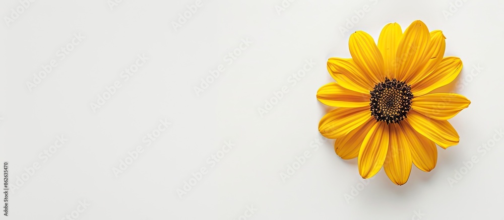 Poster top-down view of a yellow flower against a white background, ideal for copy space image.