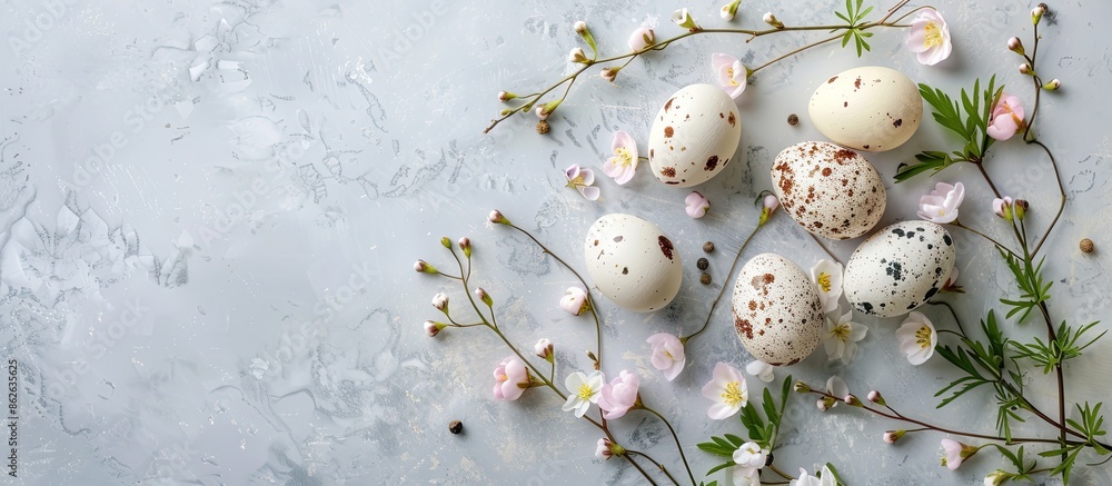 Poster View from above of a simple natural Easter greeting card concept adorned with eggs and spring flowers, featuring copy space image.
