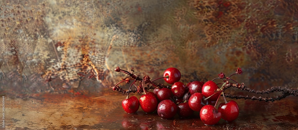 Poster Close-up of textured ripe red berries with red cherries in a copy space image.