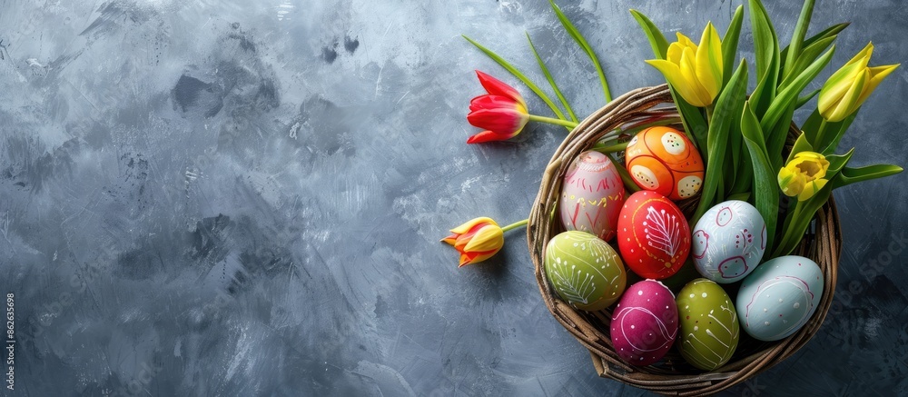 Poster Colorful Easter eggs and tulips in a basket on a gray background seen from above, with space for text or images. Copy space image. Place for adding text and design