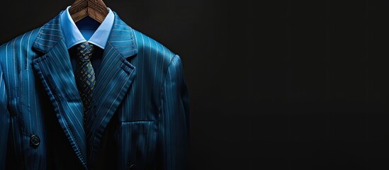 Blue striped suit, shirt, and tie on a wooden hanger against a black background with copy space image.