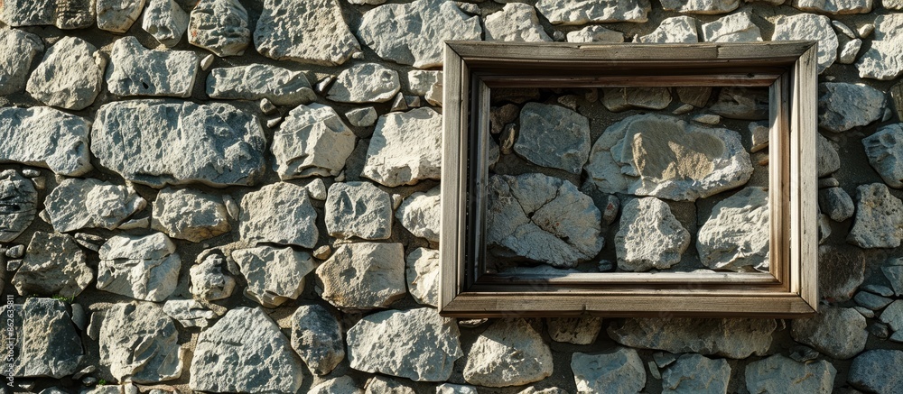 Poster Stone wall with an empty picture frame billboard can be used as a white canvas mock-up image. Copy space image. Place for adding text and design