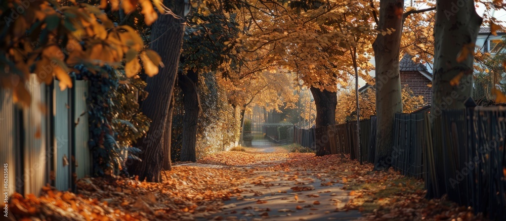 Poster A charming autumn scene with a fuzzy alley lined by trees and a fence in the park, ideal for adding a text or logo in the copy space image.