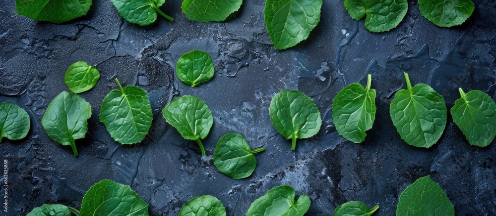 Poster Green sorrel leaves arranged neatly on a dark surface with a top view, allowing for copy space image.